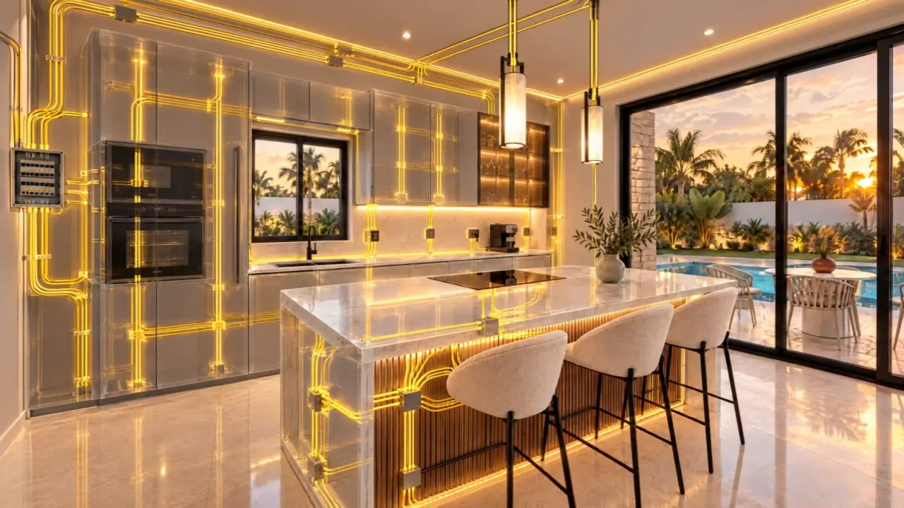 Cucina con le linee elettriche in giallo, dal video
